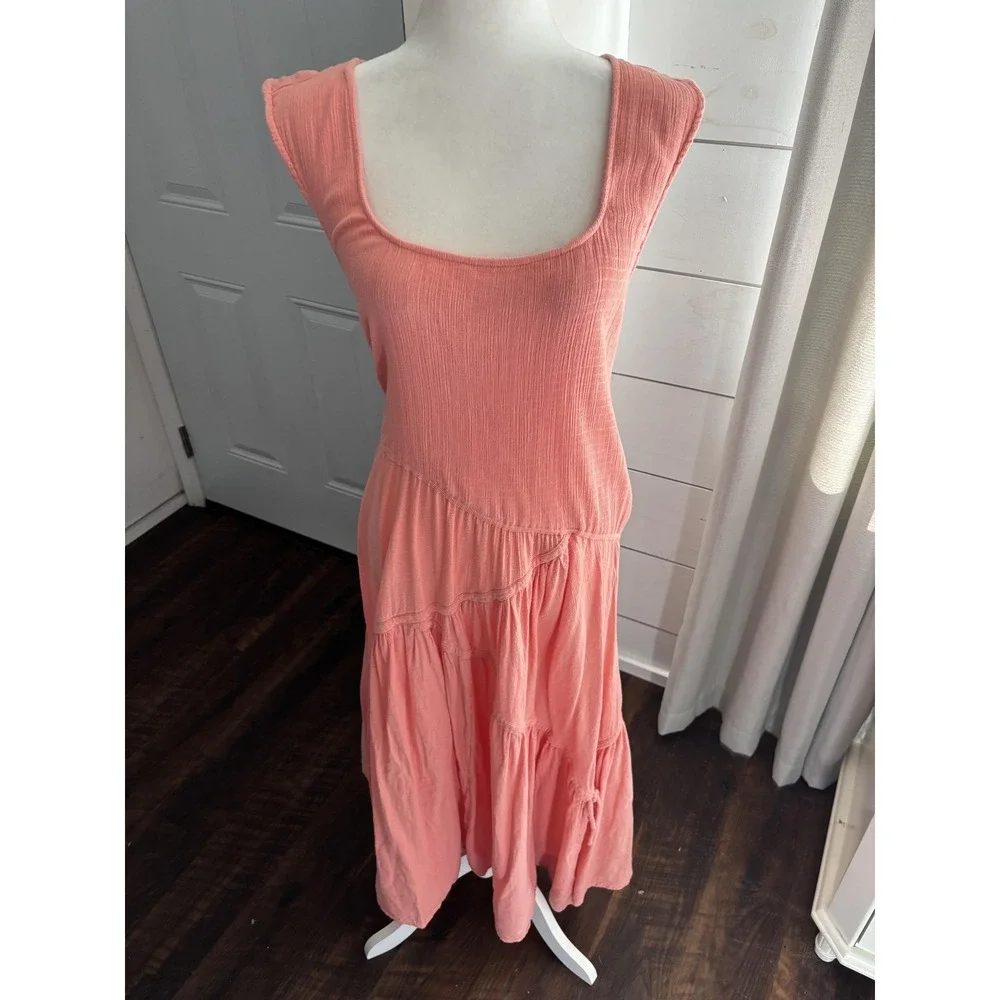 Free People Dress Womens Medium‎ Pink Square Neck Open Back Maxi Boho Sundress